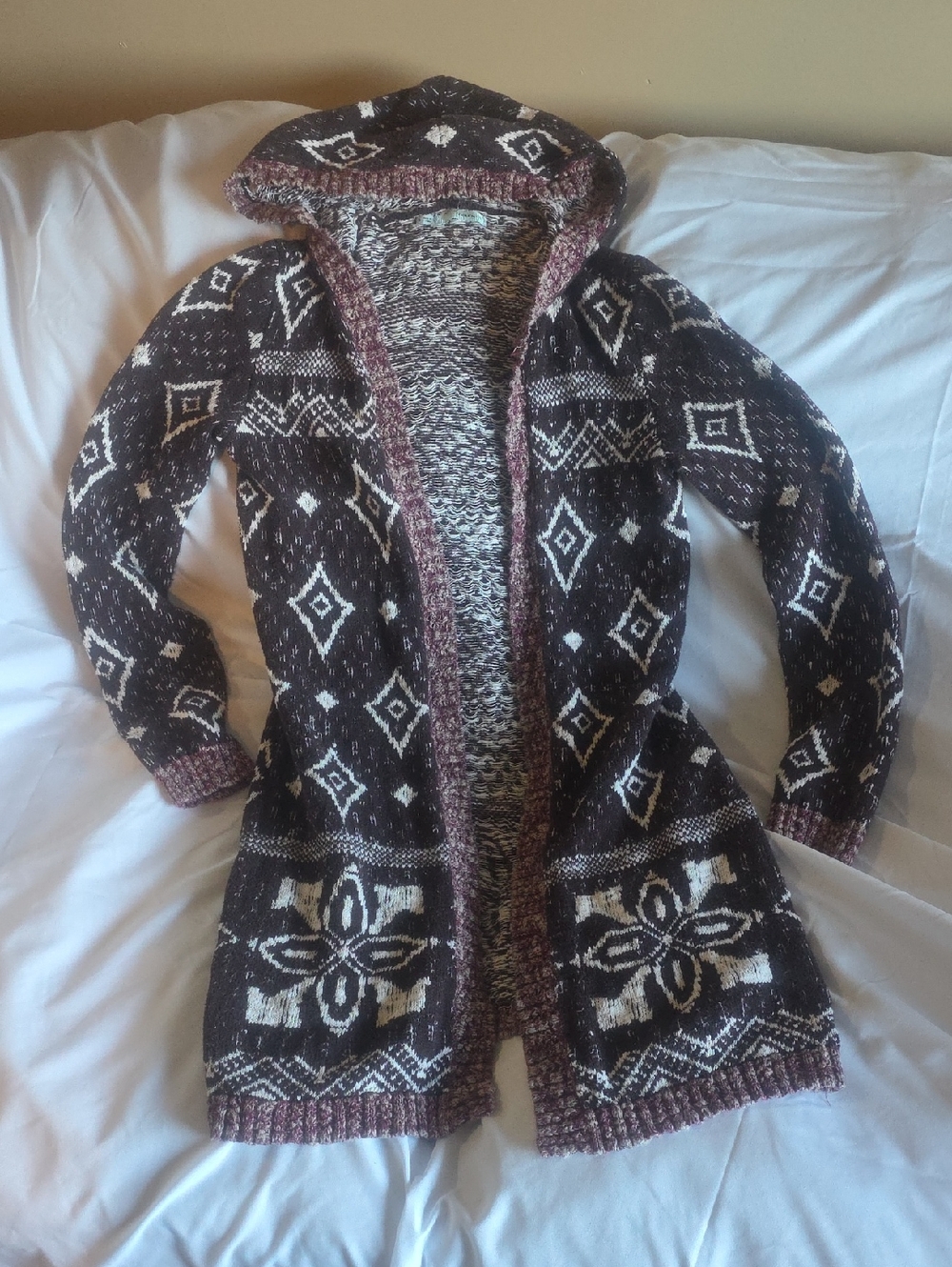 Hooded Patterned Knit Cardigan - Brown, Cream, Pinkish Trim